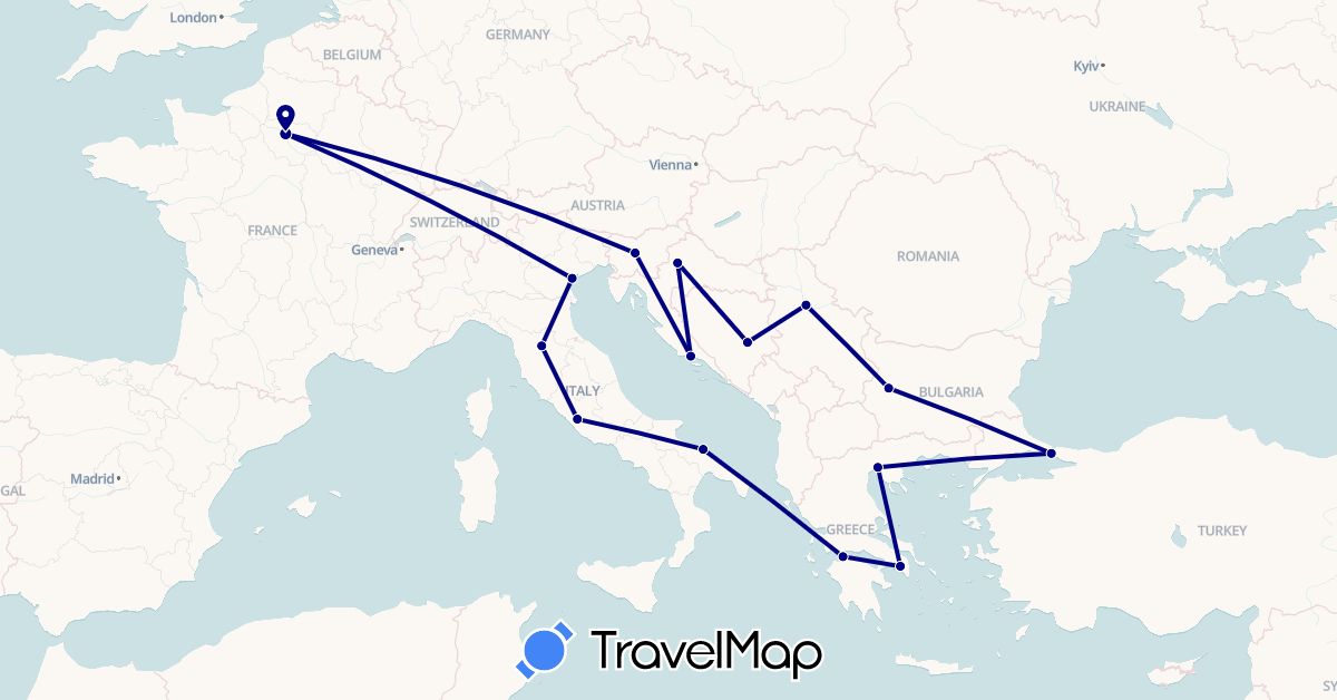 TravelMap itinerary: driving in Bosnia and Herzegovina, Bulgaria, France, Greece, Croatia, Italy, Serbia, Slovenia, Turkey (Asia, Europe)